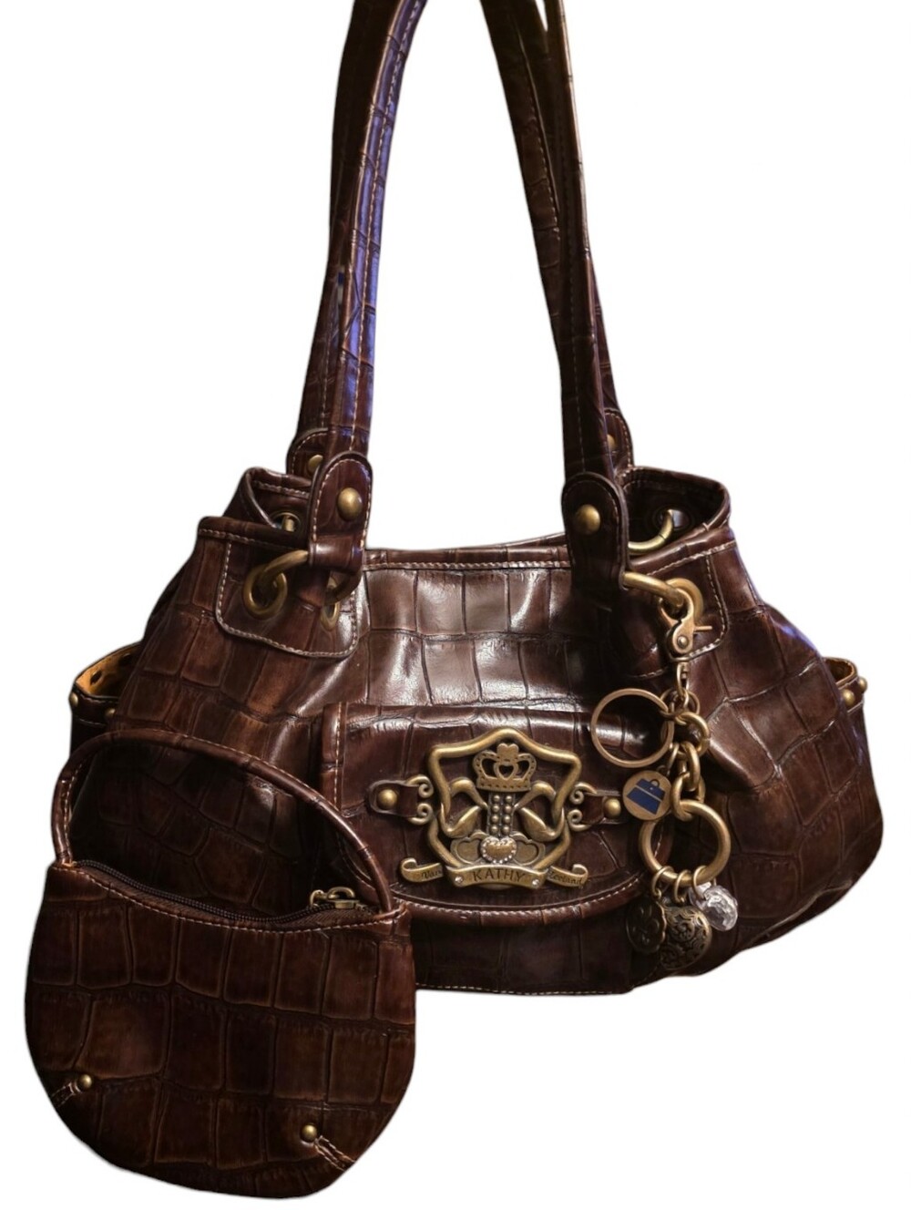 Vtg Y2K Kathy Van Zeeland Brown Faux Croc Hobo Purse W/ Coin Purse EUC